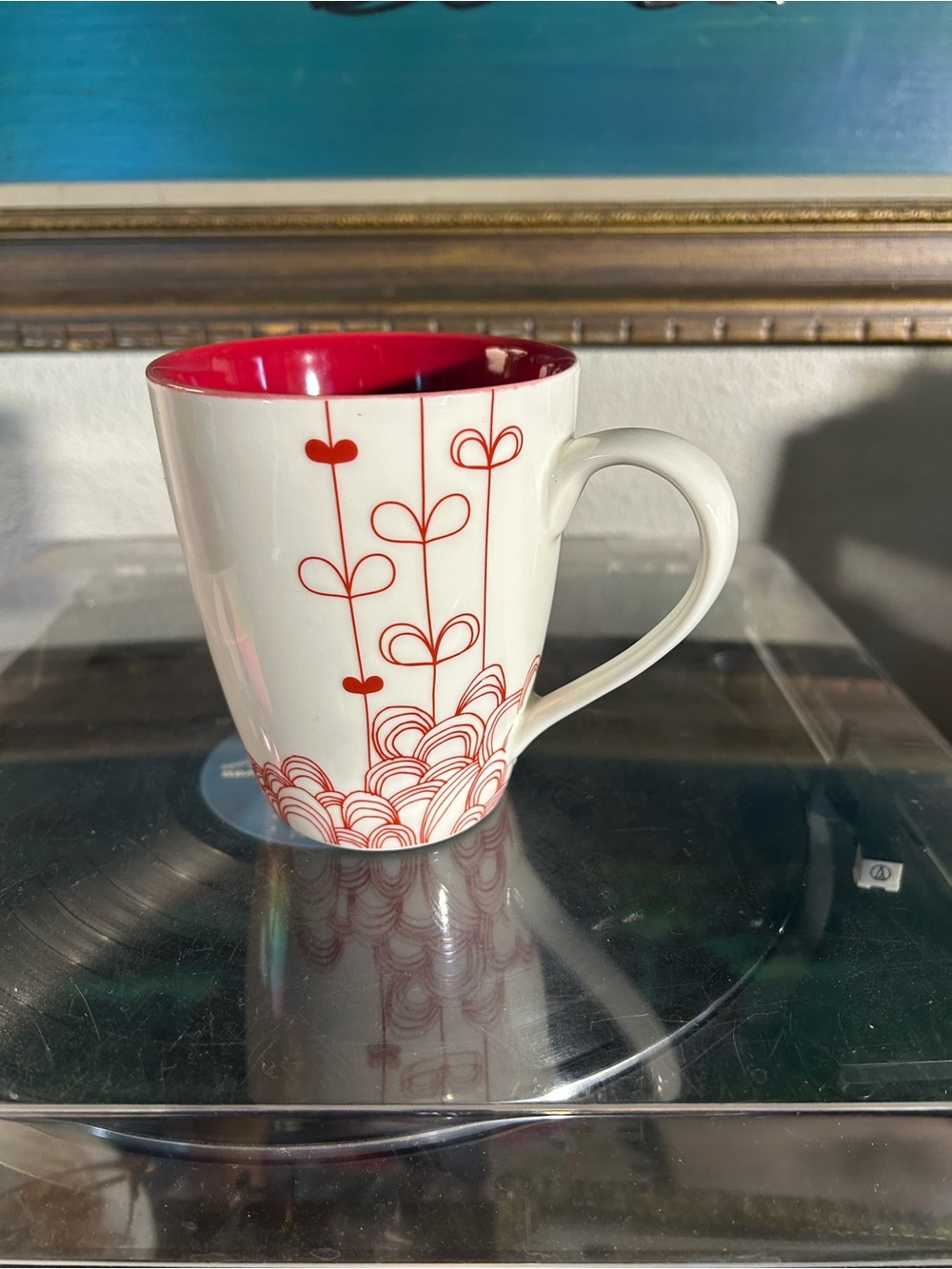 Starbucks White Ceramic Mug with Red Interior and Red Floral Line Art